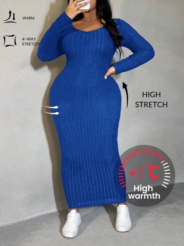 SHEIN SXY Plus Size Women Navy Solid Color Ribbed Knit Long Sleeve Bodycon Dress, Casual For Autumn/Winter