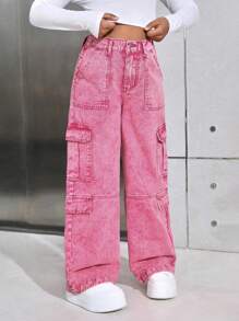 SHEIN Tween Girls Y2K 粉色石洗高腰翻盖口袋宽松直筒工装牛仔裤