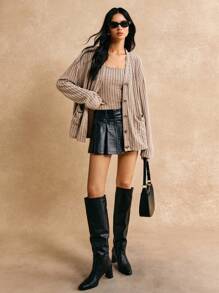 Poéselle Knitted Set, Elegant Ladies Cardigan And Knitted Vest Two-Piece Set, Light And Soft Knitted Fabric, Winter Wear, Christmas Gift, Christmas Warm Women's Clothing, Brown Set, Brown Vest,2024 AW - Khaki - View 3