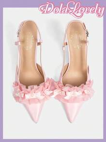 Dola Lovely Giày cao gót nữ phong cách Lolita mũi nhọn ren hồng trơn, giày thường ngày hở gót - Hồng - Xem 7