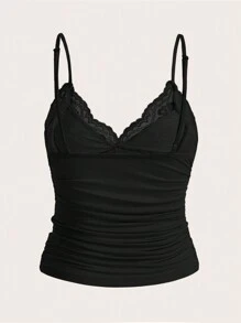 SHEIN CURVE+ Top tipo camiseta con volantes y encaje en contraste, estilo Y2K, para talla grande, para el verano - Negro - Ver 2