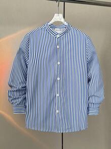 SHEIN Tween Boy 休闲立领修身插肩条纹白色和天蓝色长袖衬衫，适合秋季、冬季、保暖、校园、家居、日常、运动、生日派对、外向、百搭百搭简约