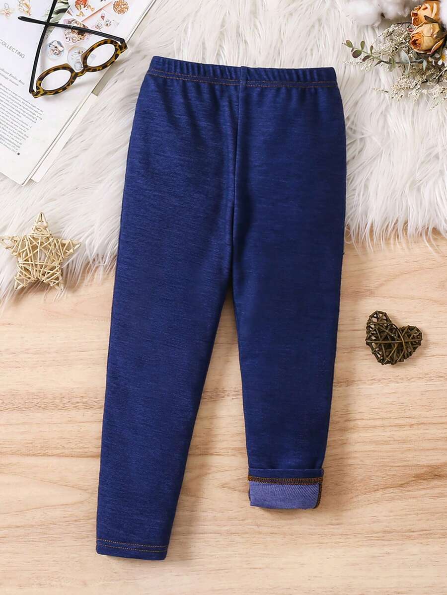 年轻女孩和年轻女孩的高弹力针织牛仔紧身裤，适合休闲日常穿着，秋冬季 - 藍色 - 查看 1