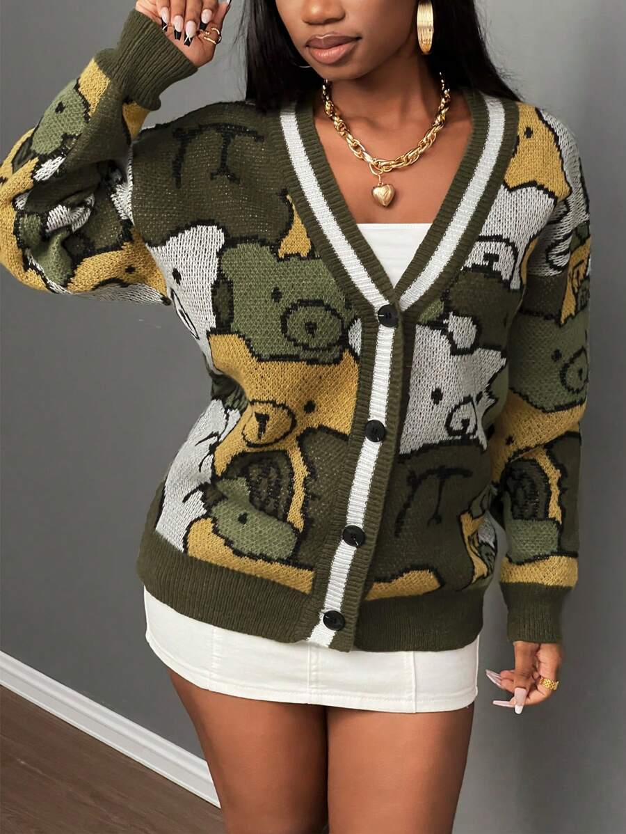Slaydiva Cárdigan de punto con cuello en V y botones con estampado de oso, de manga larga, informal, para usar en otoño/invierno en casa - Multicolor - Ver 1