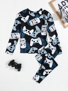 SHEIN 2 stuks Tween Boy Snug Fit Cartoon Game Controller Patroon Ronde Hals Lange Mouw T-shirt en Lange Broek Casual Comfortabele Pyjama Set