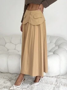 Chiquease 1pc váy xếp ly màu trơn thanh lịch cho nữ - Màu Khaki - Xem 4