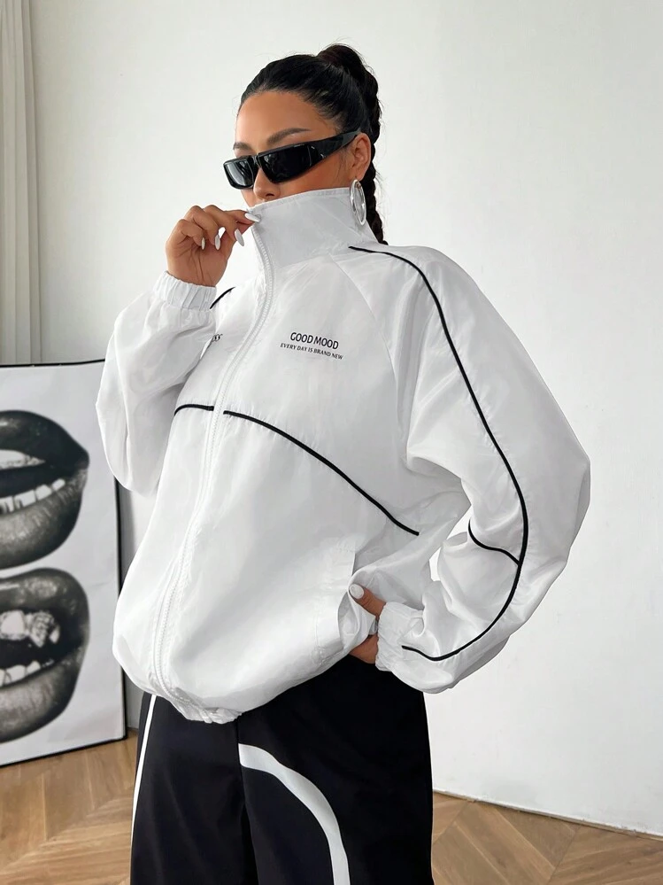 SHEIN EZwear Γυναικείο μπουφάν με φερμουάρ, φθινόπωρο - Λευκό - Προβολή 1