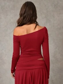 SHEIN BAE 女式纯色露肩长袖褶皱修身 T 恤，秋季 - 酒紅色 - 查看 2
