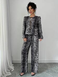INAWLY 2 件套女士宽松系带蝴蝶结豹纹衬衫和裤子套装 - 彩色 - 查看 5