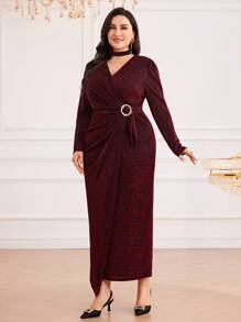 Modelyn Burgundy Red Plus Size Women V-Neck Long Sleeve Glitter Pleated Maxi Elegant Dress - Burgundy - View 6