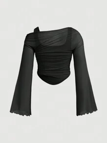 SHEIN MOD Camiseta de manga larga transparente de malla asimétrica para mujer de talla grande, top negro de fiesta de malla transparente