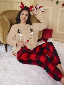 女士圣诞法兰绒睡衣套装，圆领长袖图案细节简约上衣和长裤 - 彩色 - 查看 6