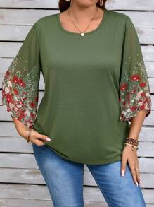 EMERY ROSE Damen Große Größen Bluse mit Blume Muster und 3/4 Ärmeln, lässig und locker für den Herbst