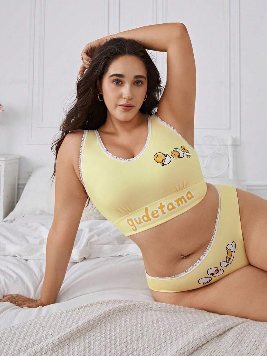 Gudetama X SHEIN 大码女式黄色可爱印花舒适胸罩和内裤套装