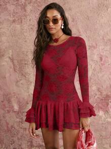 COSMINA Women's Casual Sexy Double Layered Skirt Three-Layered Cuff Ruffle Hollow Out See-Through Rose Lace Mini Dress