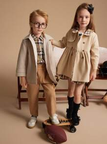 SHEIN Young Boys Khaki Color Woven Lapel Windbreaker Jacket, Winter - Khaki - View 9