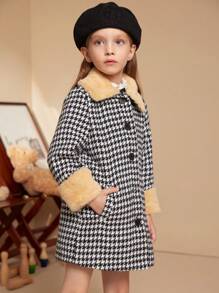 PrepCrw Young Girls Houndstooth Print Pocket Front Button Elegant Winter Long Sleeve Coat