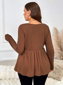 SHEIN Frenchy Plus Size Simple Solid Color Textured Sweetheart Neck T-Shirt, Casual For Autumn - Brown - View 6