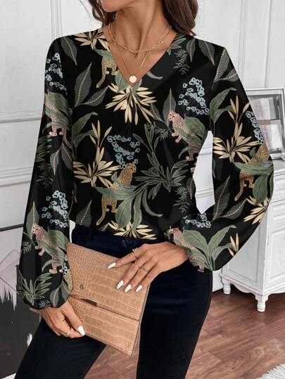 Glamance Joyce Ellen Blusas negras para mujer de manga larga con cuello en V, estilo bohemio con estampado tropical de plantas, conjuntos de verano para mujer, blusas de verano para salir, oficina, ropa de mujer para salir, ropa casual de negocios, ropa de oficina para mujer en otoño, día y noche, ropa de viaje para el aeropuerto, ropa de calle para mujer en otoño, ropa modesta de vuelta al colegio/trabajo, blusas elegantes y fluidas para salir, nueva colección de ropa elegante y con estilo para Año Nuevo