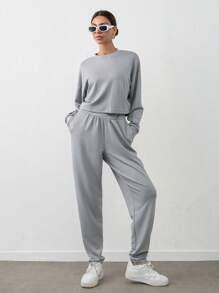 SHEIN Tall Two-Piece Modal High Quality Comfortable Loose Fit Top Ans Pants Set - Grey - View 4