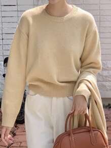 DAZY 2pcs Set Women Solid Crew Neck Pullover Sweater & Poncho Top,Fall Clothes - Ginger - View 8