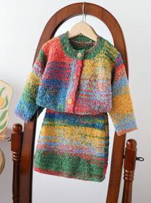 Young Girl Ombre Circular Pattern Knitted Cardigan & Skirt Set, Artistic Oil Painting Color, Suitable For Outings, Gatherings, And Autumn/Winter Wear - Green - View 1