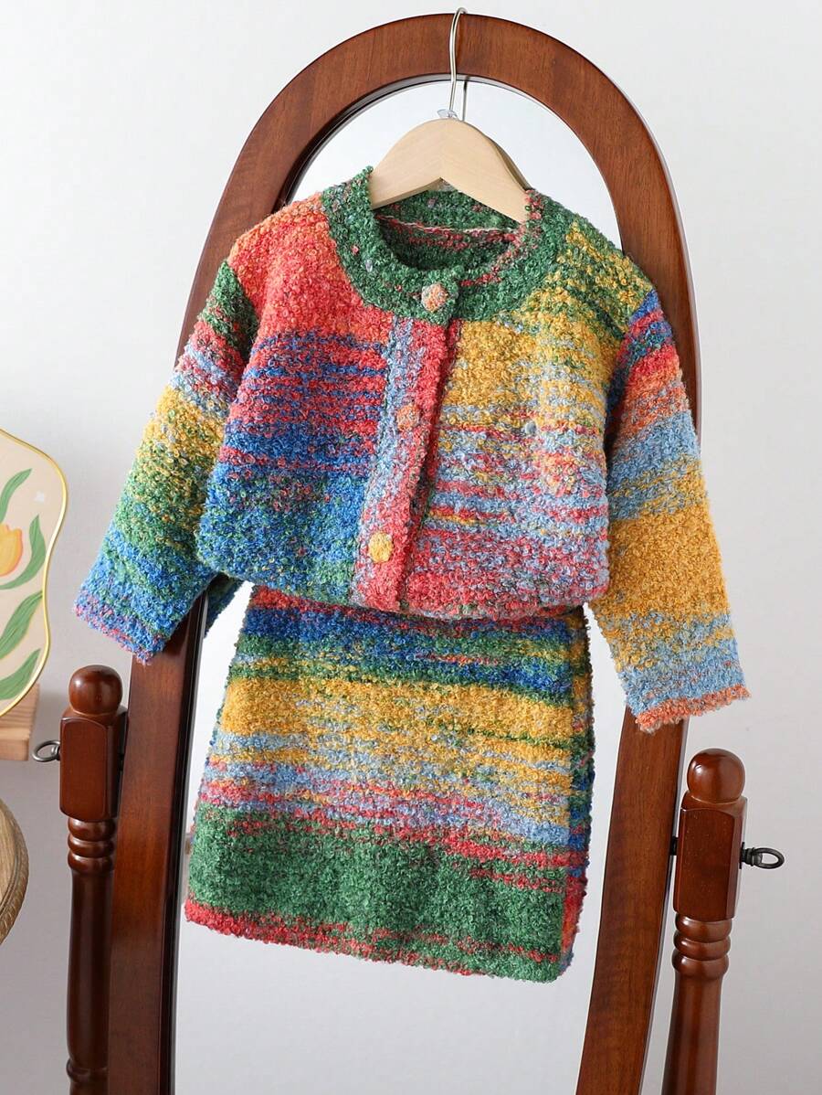 Young Girl Ombre Circular Pattern Knitted Cardigan & Skirt Set, Artistic Oil Painting Color, Suitable For Outings, Gatherings, And Autumn/Winter Wear - Green - View 1