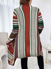 Calvaya Cárdigan casual holgado de manga larga a rayas y remiendo con flecos en el bajo para mujer de talla grande, otoño
