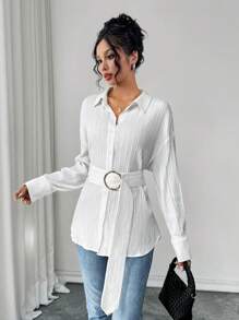 Chiquease Women's Autumn/Winter Waist Belt Decor Textured Shirt - White - View 1