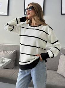 EURMUSE Women Stripe Pattern Round Neck Drop Shoulder Pullover - White - View 6
