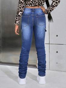 SHEIN 少女牛仔裤 Y2K 时尚翻盖口袋侧边工装叠层牛仔裤，斜插口袋，秋冬街头风 - 中等水洗藍 - 查看 2