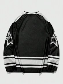 ROMWE MEN Prep 男士秋季字母与星星印花 V 领长袖冰球运动衫 - 彩色 - 查看 2