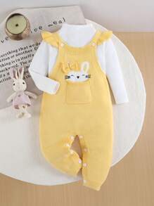 Peto con diseño de intarsia de dibujos animados para niñas bebé, con orejas de conejo, manga larga con volantes, color rosa, mono esponjoso y lindo, para primavera/otoño