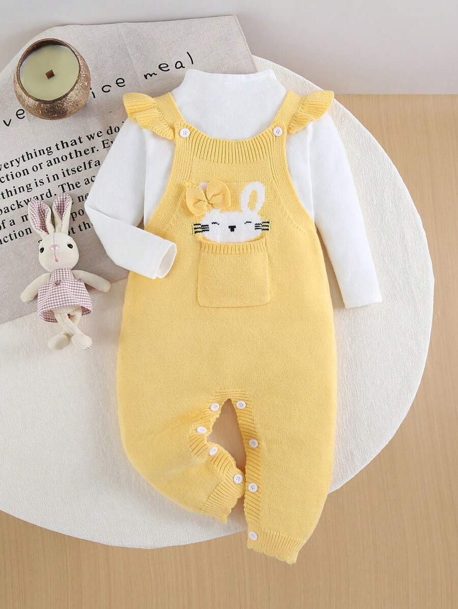 Peto con diseño de intarsia de dibujos animados para niñas bebé, con orejas de conejo, manga larga con volantes, color rosa, mono esponjoso y lindo, para primavera/otoño