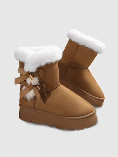 Kawaii Women's Fluffy Bow Decor Warm Snow Boots