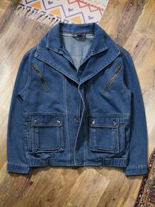 Manfinity Hypemode 男士休闲酸洗双层立领牛仔夹克，秋季 - 深色水洗藍 - 查看 1