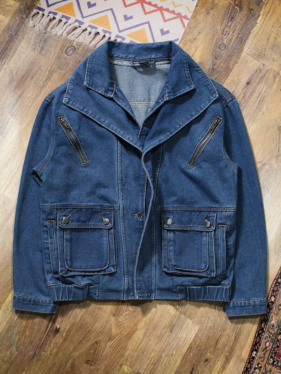 Manfinity Hypemode 男士休闲酸洗双层立领牛仔夹克，秋季 - 深色水洗藍 - 查看 1