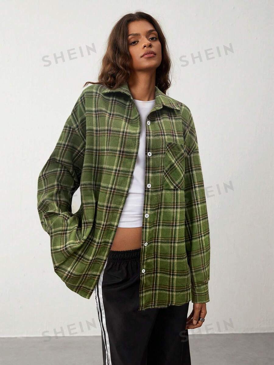 TRNVIE 1 pieza Camisa larga holgada de manga larga con botones y estampado de cuadros vintage para mujer, estilo universitario retro, otoño/invierno