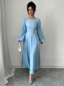 Elenzga 1 件女士圆领腰部褶皱喇叭形日常连衣裙长款女装 - 藍色 - 查看 5