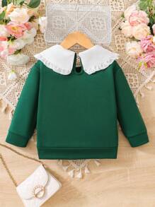 SHEIN Young Girl Casual Embroidered Peter Pan Collar Long Sleeve Sweatshirt, Burgundy, Autumn - Green - View 2