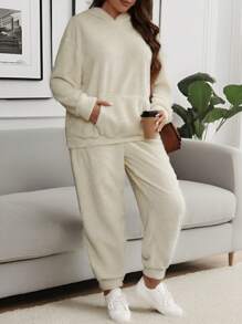 SHEIN LUNE Plus Size Solid Color Winter Hoodie With Pocket And Sweatpants 2-Piece Set - Beige - View 3