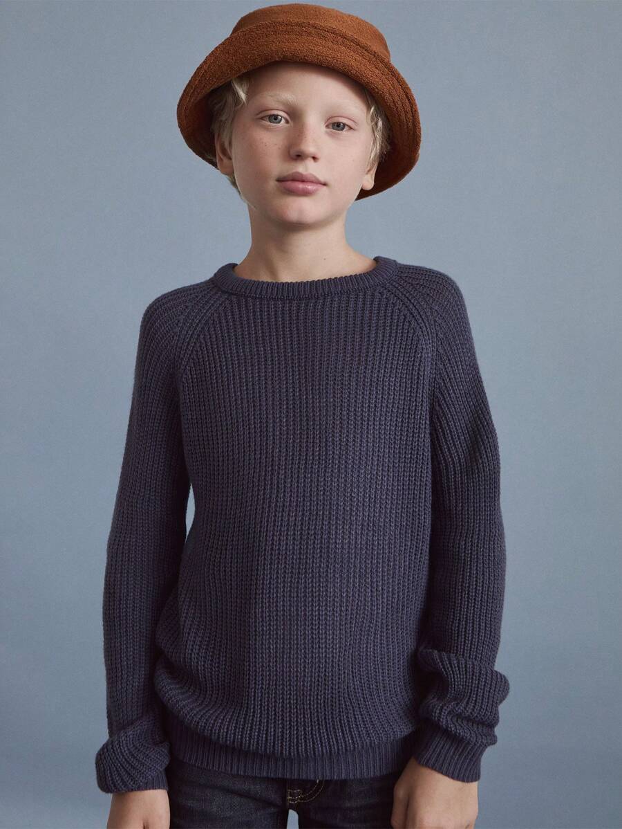 SHEIN Tween 男童纯蓝色套头圆领宽松休闲基本款长袖毛衣，秋冬款 - 藍色 - 查看 1