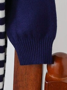 Young Girl College Style Girls Colorblock Striped Navy Sailor Collar Patchwork Navy & White Knit Dress, Suitable For School And Outings. - Navy Blue - View 5