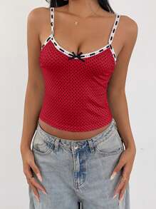 SHEIN SXY Áo thun nữ họa tiết nơ màu đơn giản, mặc hàng ngày - Đỏ - Xem 7