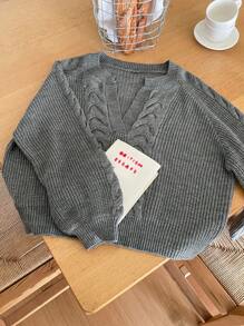 DAZY 1 pieza Suéter suelto de mujer de unicolor con patrón de cable, de cuello en V, de manga larga, ropa de otoño - Gris Oscuro - Ver 9