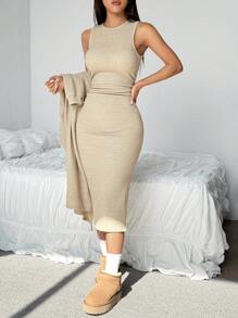 SHEIN EZwear 卡其色针织纯色长开衫和紧身无袖连衣裙套装 - 卡其色 - 查看 5