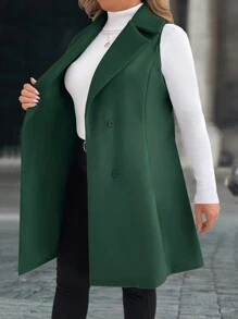 SHEIN LUNE Áo khoác dài không tay cổ đứng màu trơn cỡ lớn cho nữ, mùa thu/đông, hai hàng khuy - Màu xanh lá cây đậm - Xem 3