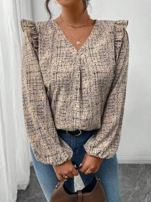 SHEIN Frenchy 加大码 V 领全印花优雅长袖衬衫，长袖图案衬衫 - 卡其色 - 查看 4