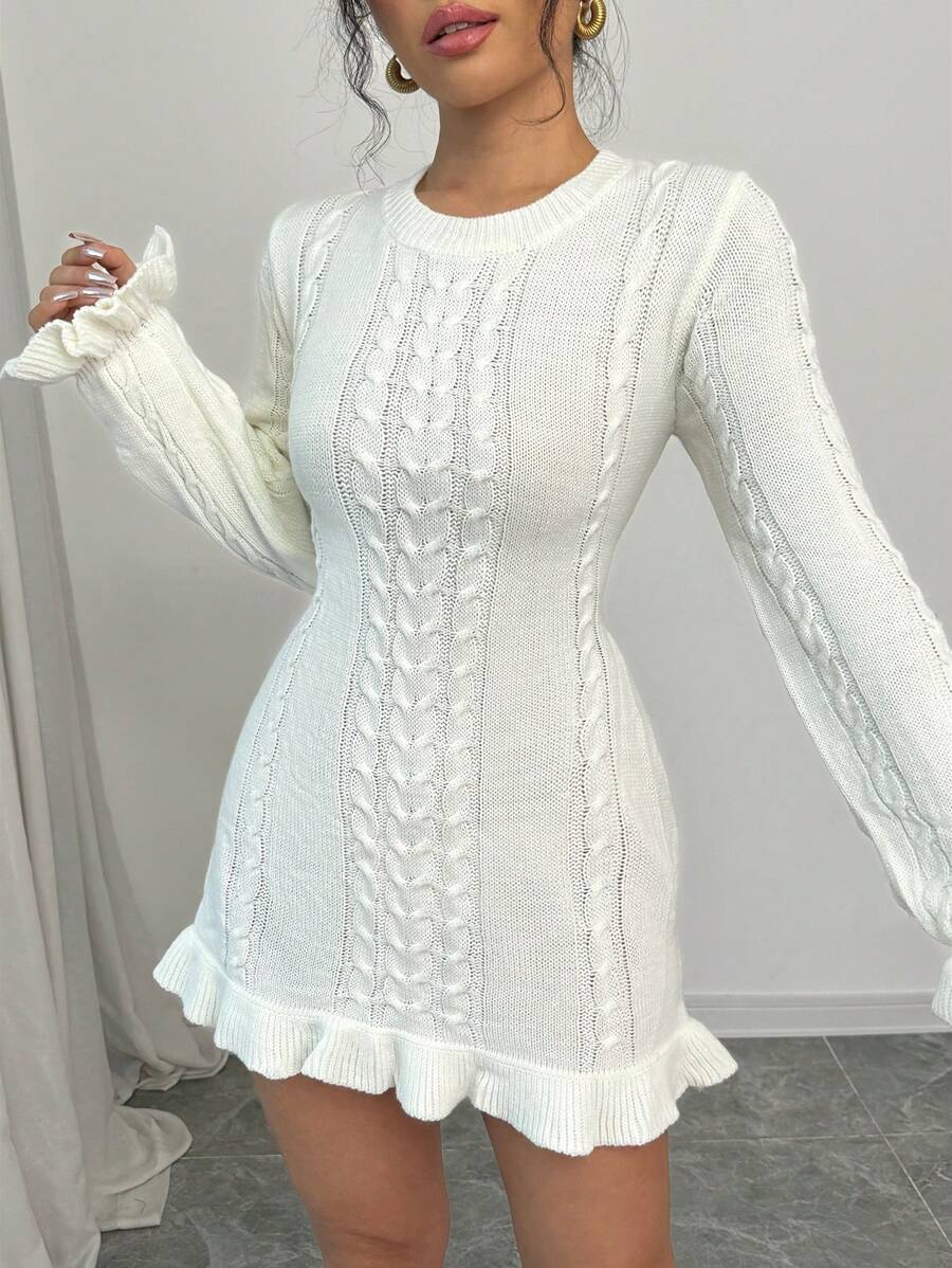 Elenzga Women Casual Solid Color Ruffled Hem Fitted Mini Sweater Dress, Autumn/Winter