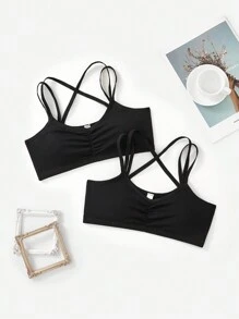 SHEIN 2pcs Teen Girls Minimalist Comfort Ruched Removable Pad Crisscross Strap Racerback Bra Set - Black - View 1